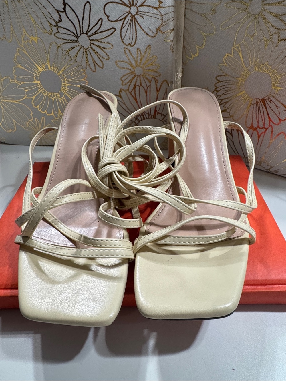 Lace Up Block Heel Sandals Women 37 Cream Good Strappy Square Toe